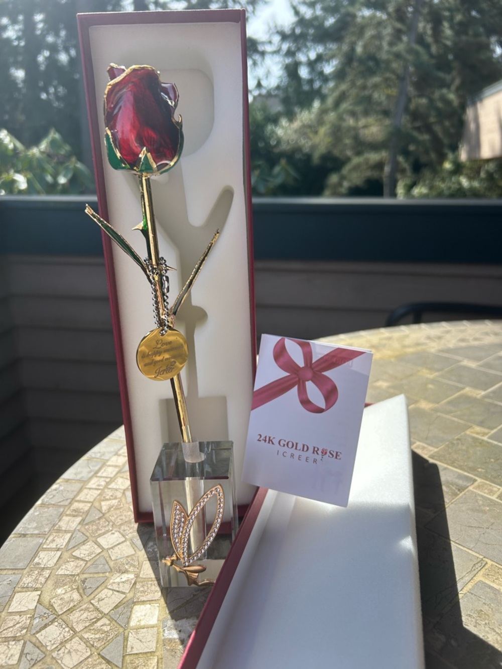 24K Gold Red Rose with Crystal Base, brand new by Icreer